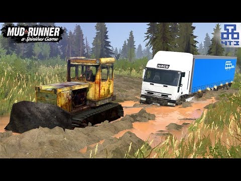 Spintires: MudRunner - T-130 Bulldozer Tows through a Swamp Semi Truck